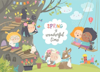 Cute cartoon children with animals in spring forest