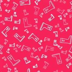 White line Waterproof rubber boot icon isolated seamless pattern on red background. Gumboots for rainy weather, fishing, gardening. Vector