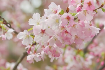 Fototapeta premium Close-up of soft pink cherry blossoms - A delicate and romantic macro shot of tender pink cherry blossoms symbolizing spring and renewal