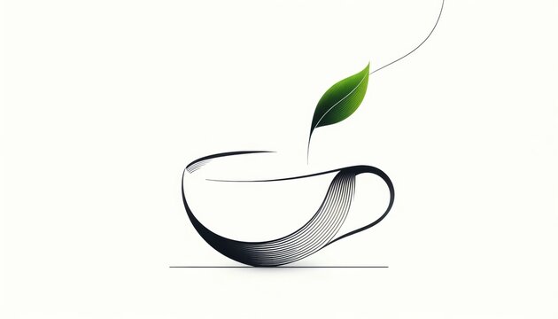 A sleek cup outlined in black with a single green leaf as steam, on a white backdrop.