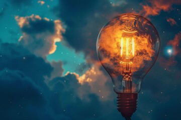 Glowing light bulb with fiery sky background - A glowing light bulb set against a dramatic sky with warm orange and fiery tones, symbolizing inspiration - obrazy, fototapety, plakaty