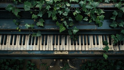a vintage piano enveloped in lush green ivy, its white keys harmonizing with nature's verdant embrace, captured from above to reveal the delicate intertwining texture of the vines.