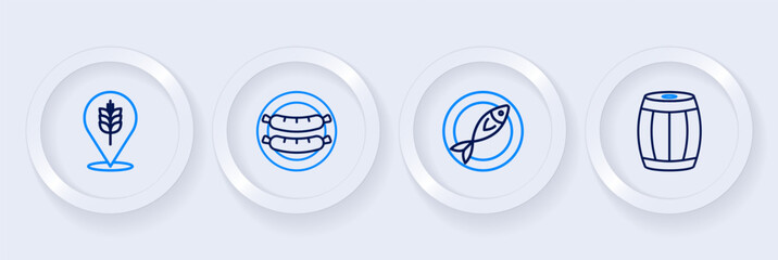 Set line Wooden barrel, Dried fish, Sausage and Wheat icon. Vector