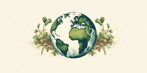 Earth with Sprouting Plants and Natural Elements. Green Planet Illustration. Generative AI