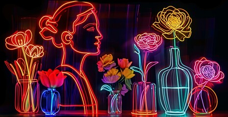 A woman's face in profile surrounded by neon flowers in vases.