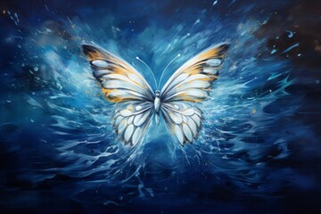 Vibrant Butterfly Emerges from Water in Abstract Energetic Style, Featuring a Contrast of Light Silver and Dark Blue Hues, Signifying Transformation and Freedom.