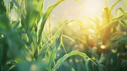 Corn stalks swaying gently in the sun kissed field lush and vibrant foliage captured in a captivating close up view - obrazy, fototapety, plakaty