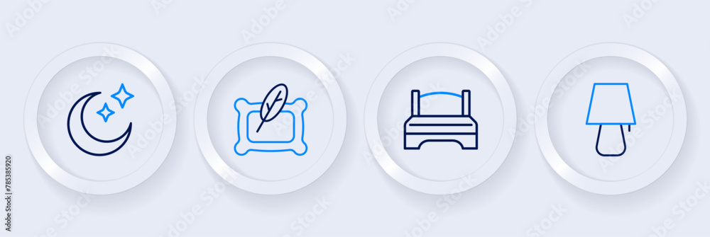 Poster Set line Table lamp, Big bed, Pillow and Moon and stars icon. Vector