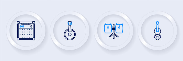 Set line Violin, Conga drums, Banjo and Guitar amplifier icon. Vector