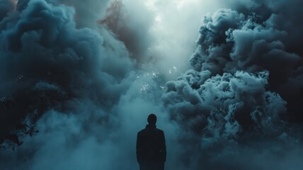 Majestic smoke clouds surrounding man - A striking image highlighting a man standing stoically as massive smoke clouds loom around him, evoking a sense of mystery - obrazy, fototapety, plakaty