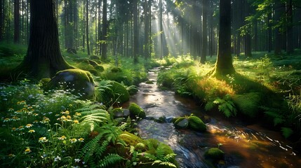 Fototapeta na wymiar Sunlit Serenity in the Lush Forest. Concept Greenery, Sunbeams, Nature Photography