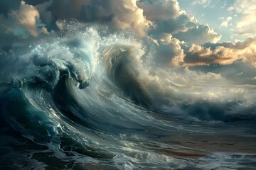 A large wave is crashing on the shore, with the sky above it being cloudy. Scene is one of power and strength, as the wave is so large that it seems to be almost overwhelming