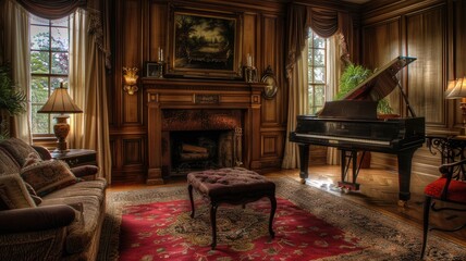a beautifully decorated living room adorned with an elegant piano and crackling fireplace, capturing the essence of homey comfort in high-resolution photography that envelops the senses.