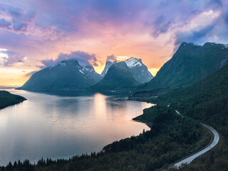 Sunset landscape in Norway Senja island Bergsbotn viewpoint mountains and fjord aerial view natural...