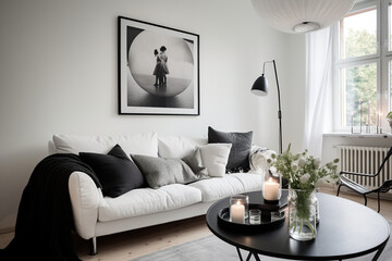 Interior of a black and white classic living room.	