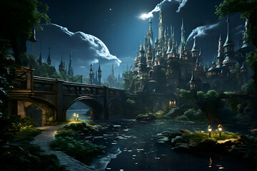 Fantasy scene with fantasy castle and bridge over the river at night - obrazy, fototapety, plakaty