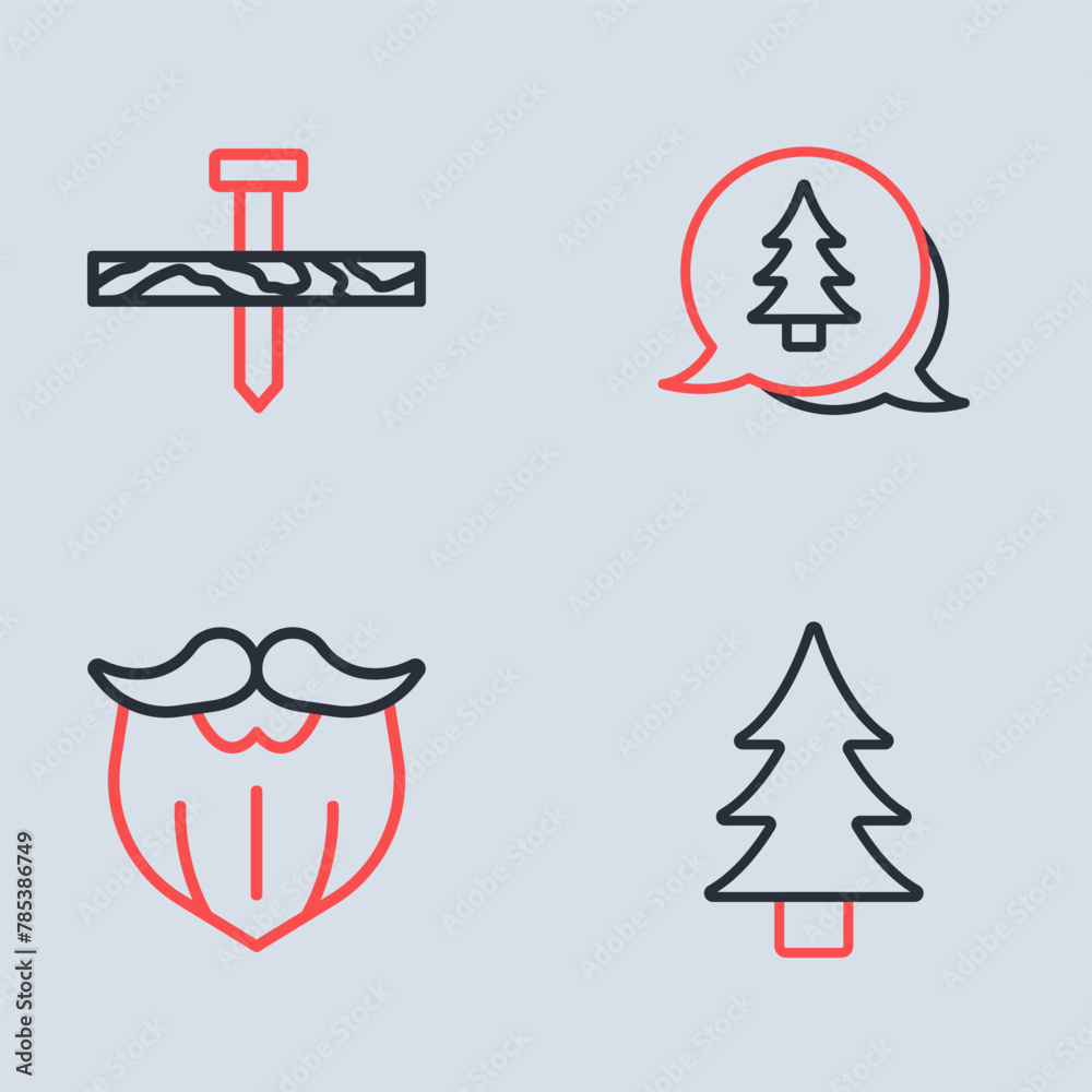 Sticker Set line Tree, Mustache and beard, and Metallic nail icon. Vector