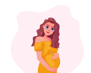Cute Pregnant Girl Vector Illustration. Beautiful woman hugs her belly. Cartoon maternity concept character design