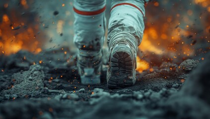 An astronaut in a spacesuit walks on the lunar soil, exploring the mysterious surface