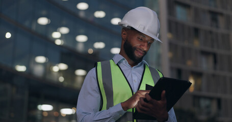 Black man, engineer and city building with tablet for online inspection or safety protocol,...