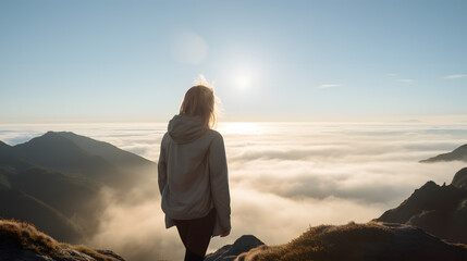 Back view of woman female standing on the cliff, watching sunrise breathtaking and enjoy it. - obrazy, fototapety, plakaty
