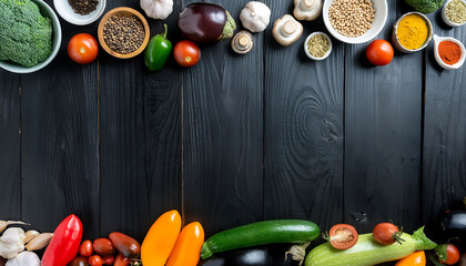 Fresh Ingredients fruits, vegetables and spices on Black Wooden Table: Culinary Catalog Photography with Copy Space