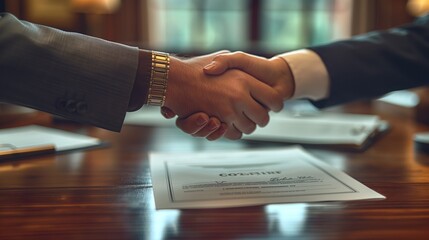 A strong male handshake on the background of a table with a signed contract symbolizes a successful agreement - obrazy, fototapety, plakaty