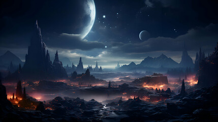 Fantasy alien planet. Mountain and city. 3D illustration.