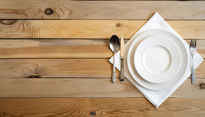 Elegant Table Setting on Wooden Table for Stylish Dining. Copy space for text area. top view
