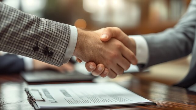 A strong male handshake on the background of a table with a signed contract symbolizes a successful agreement