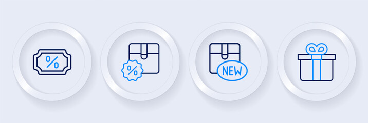 Set line Gift box, New collection, Cardboard with discount and Discount percent tag icon. Vector