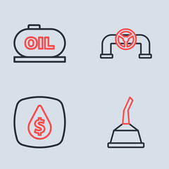 Set line Oil pipe with valve, drop dollar symbol, Canister for motor machine oil and tank storage icon. Vector