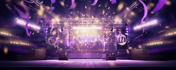 Purple background, lights and golden confetti on the purple background, football stadium with spotlights, banner for sports events