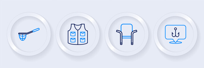 Set line Fishing hook, Camping folding chair, jacket and net icon. Vector