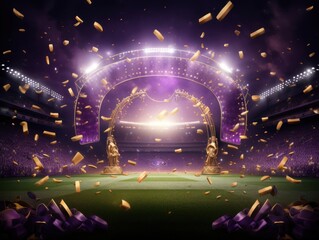 Fototapeta na wymiar Purple background, lights and golden confetti on the purple background, football stadium with spotlights, banner for sports events