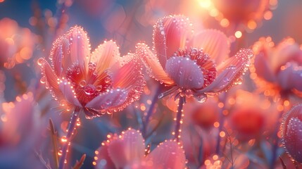 Macro photography of pink flowers with water drops, showcasing delicate petals
