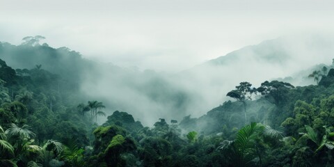 Forest Mist Over The Green Tropical Canopy. Early Misty Rainforest Landscape. Generative AI
