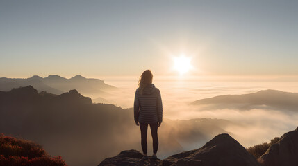 Back view of woman female standing on the cliff, watching sunrise breathtaking and enjoy it.