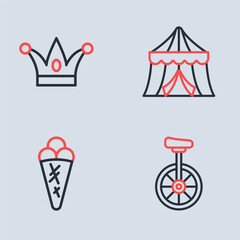 Set line Circus tent, Ice cream in waffle, Unicycle and Jester hat with bells icon. Vector