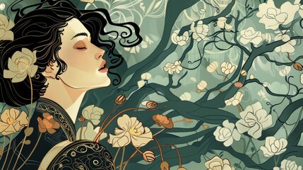 Elegant Art Nouveau Style Illustration of Art Studies Featuring Fusion of Natural Forms and Educational Elements, Showcasing Beauty in Learning Concept.