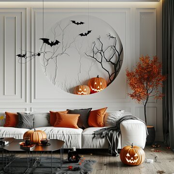Ein Wohnzimmer mit sch&ouml;ner Dekoration f&uuml;r Halloween