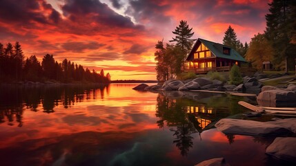 A picturesque cabin nestled amidst lush greenery beside a serene mountain lake, the vibrant hues of the landscape mirrored perfectly in the still waters. - obrazy, fototapety, plakaty
