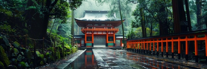 Traditional Japanese shrine on a rainy day - The vermilion Torii gates and Fushimi Inari Shrine stand out on a rainy day, reflecting Japan's rich cultural heritage