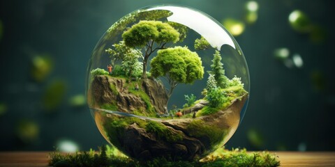 Miniature World Inside Transparent Sphere. Green Sustainable Ecosystem. Terrarium with Trees and Nature Landscape. Generative AI