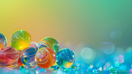 Colorful glass marble toy on a blurred abstract background with copy space for a banner design. Product shot