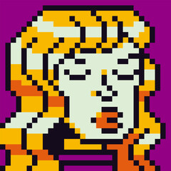 Avatar pixel female character, 8-bit girl, young blonde woman face, cartoon vector icon, game user or web profile persons and people, social net portrait, minimalistic fashion, vector
