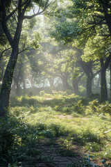 Fototapeta premium Tranquil Forest Glade: Sunlight Through Canopy