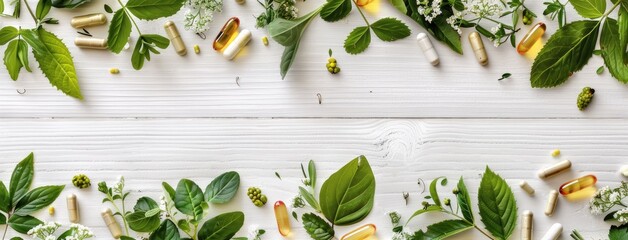 herbal leaves, spacecraft, and pills on a pristine white wooden background, symbolizing the integration of nature's healing power and advanced technology. - obrazy, fototapety, plakaty