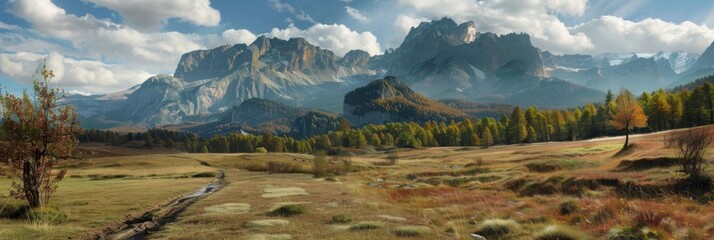 Alpine scenery with towering mountains and meadow - A breathtaking expanse of alpine meadow with towering rocky mountains, signaling adventure and natural beauty