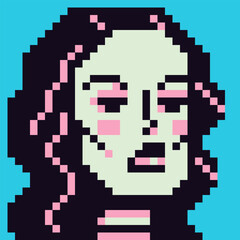 Pixel female character, avatar cartoon vector icon, game user or web profile person, people, 8-bit fashion girl, social net portrait, young woman face, minimalistic fashion, vector illustration.
